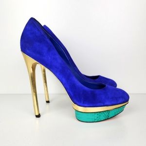 B Brian Atwood Purple Gold Teal Suede Platform Stiletto Size 10